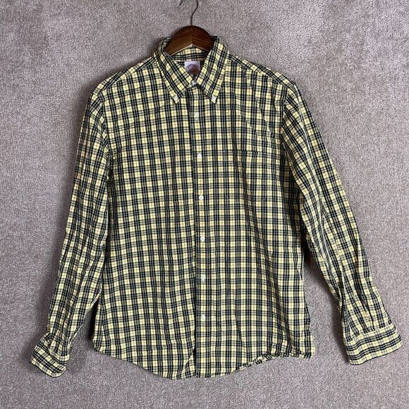 Brooks Brothers Shirt Mens Medium M Yellow/Navy Plaid Button‎ Down Cotton Casual - Picture 1 of 9